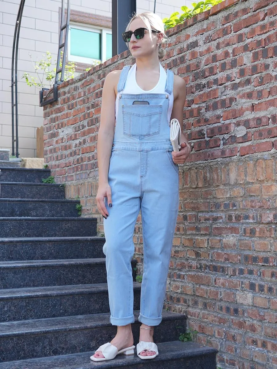 MONTVOO Women's Overalls Jeans Loose Fit Bib Denim Jumpsuit Casual Buckles Adjustable Straps Blue Classic Overall