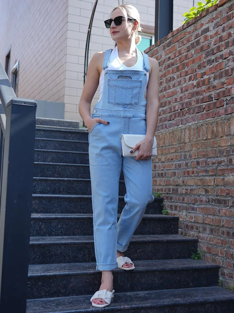 MONTVOO Women's Overalls Jeans Loose Fit Bib Denim Jumpsuit Casual Buckles Adjustable Straps Blue Classic Overall