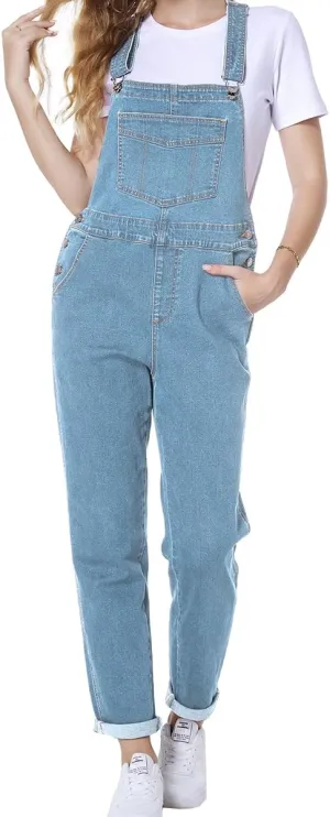 MONTVOO Women's Overalls Jeans Loose Fit Bib Denim Jumpsuit Casual Buckles Adjustable Straps Blue Classic Overall