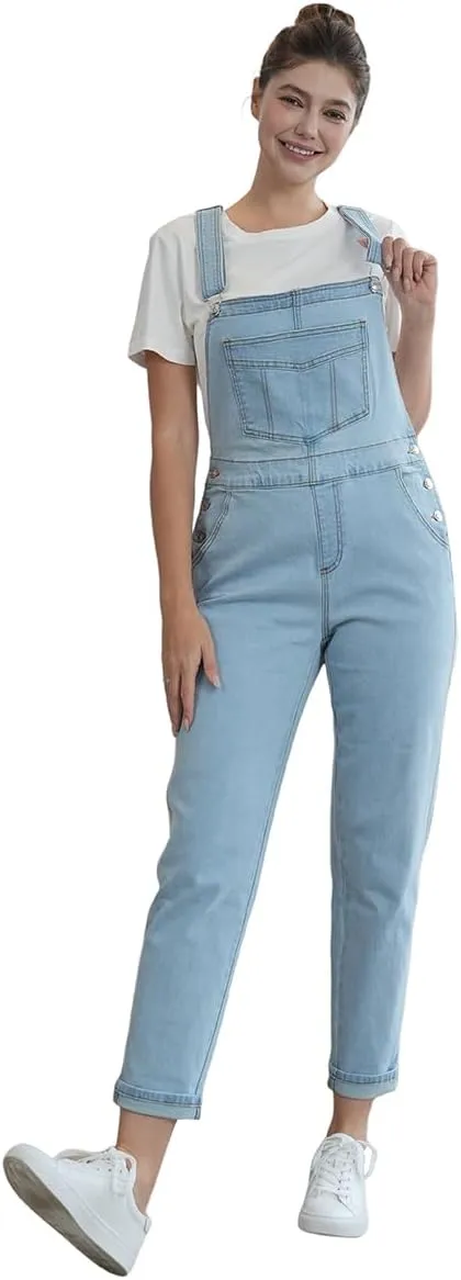 MONTVOO Women's Overalls Jeans Loose Fit Bib Denim Jumpsuit Casual Buckles Adjustable Straps Blue Classic Overall