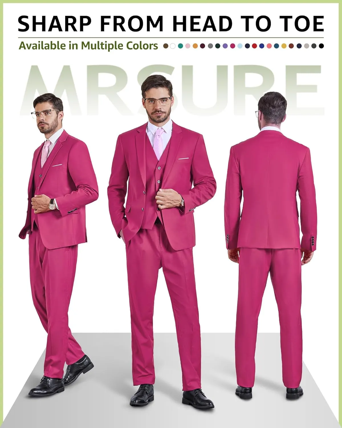 MrSure Men's 3 Pieces Suit, Solid Slim Fit Two Buttons Blazer Set, Jacket Vest Pants with Tie for Wedding Party Business