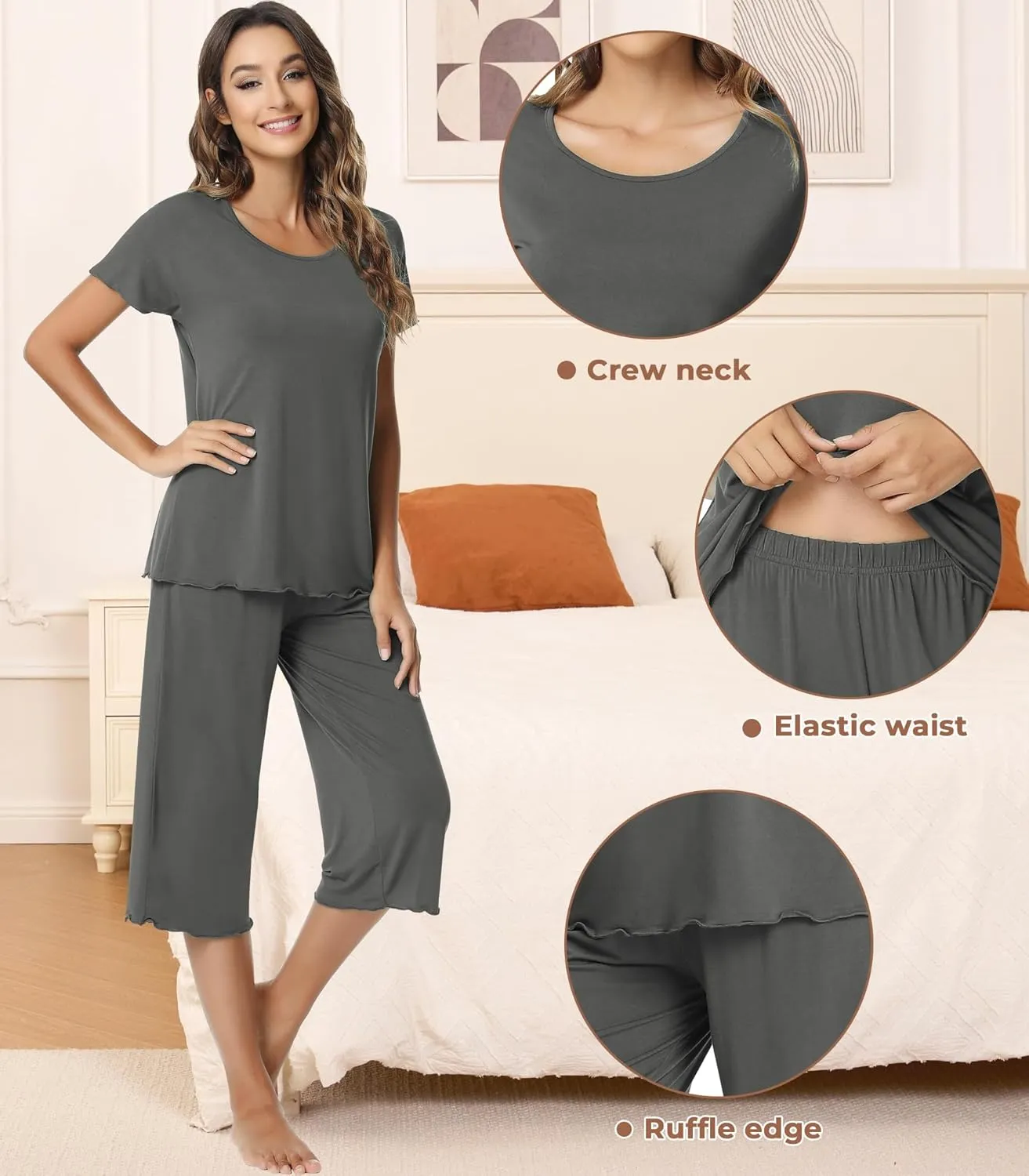 NACHILA Pajamas for Women-Viscose Made from Bamboo,Soft Capri Pants Pajama Sets Plus Size Pjs Cooling Short Sleeve Sleepwear