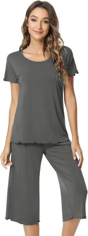 NACHILA Pajamas for Women-Viscose Made from Bamboo,Soft Capri Pants Pajama Sets Plus Size Pjs Cooling Short Sleeve Sleepwear