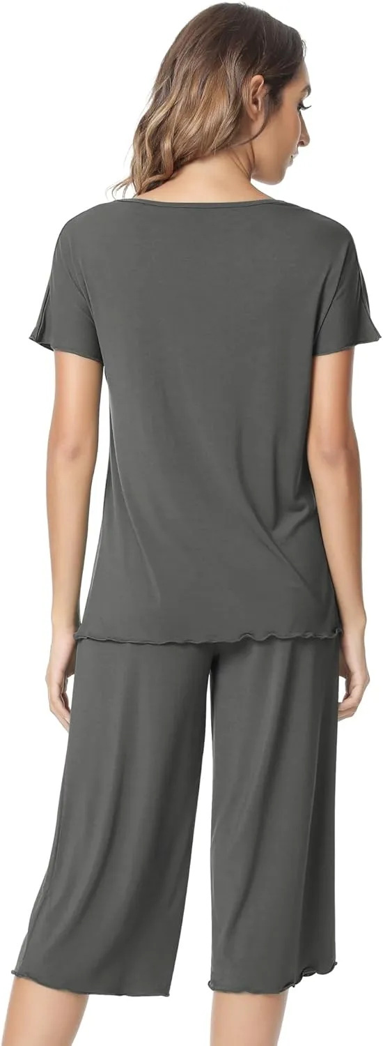 NACHILA Pajamas for Women-Viscose Made from Bamboo,Soft Capri Pants Pajama Sets Plus Size Pjs Cooling Short Sleeve Sleepwear