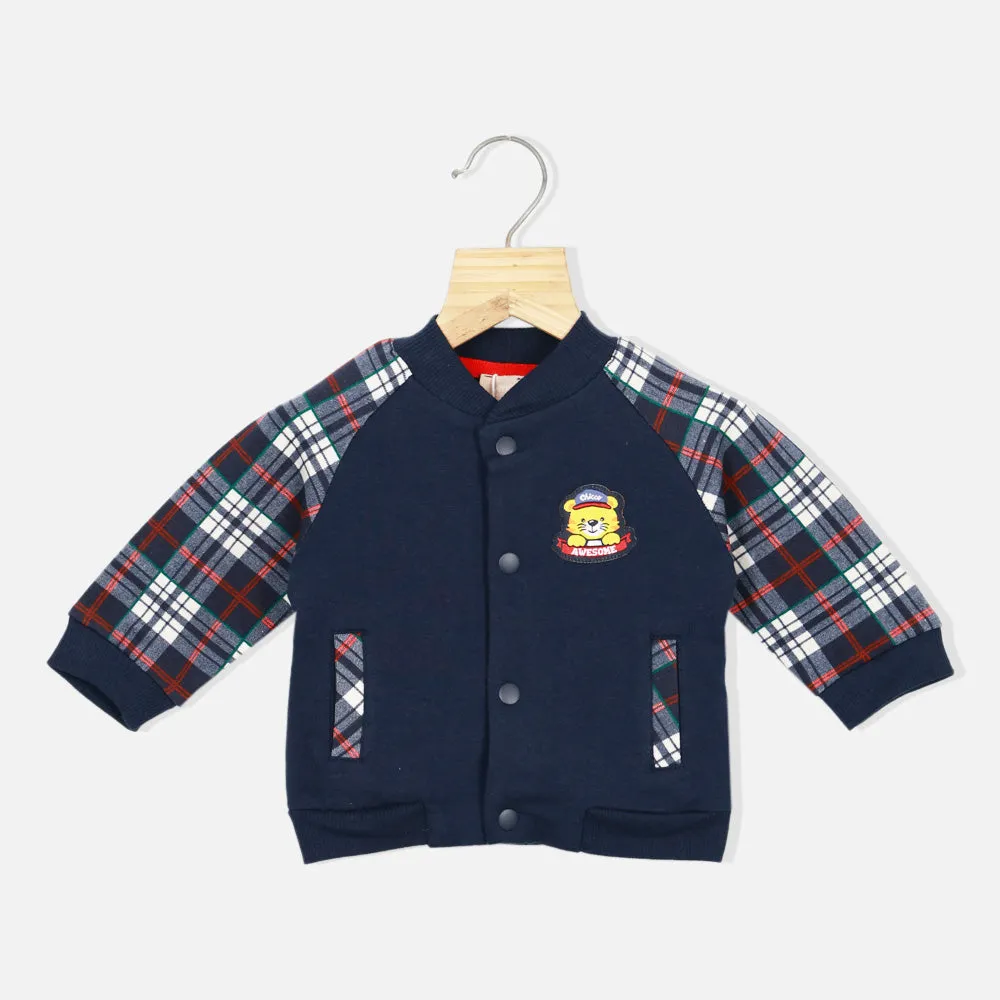 Navy Blue Checked Sleeves Jacket