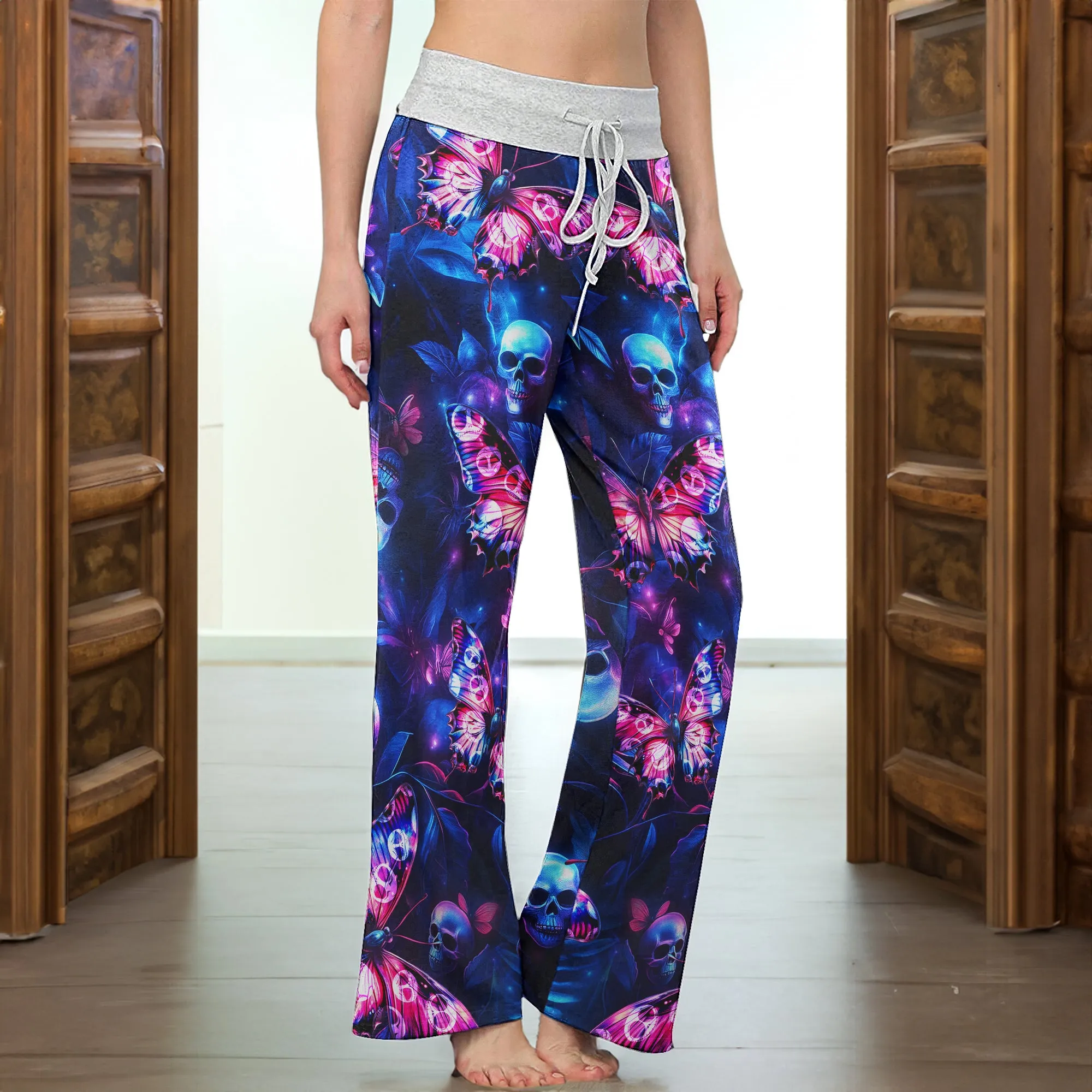 Neon Skull Butterfly Pattern Women's High-waisted Wide Leg Pants