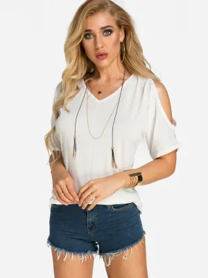 OEM ODM V-Neck Cold Shoulder Plain Pleated Half Sleeve White T-Shirts