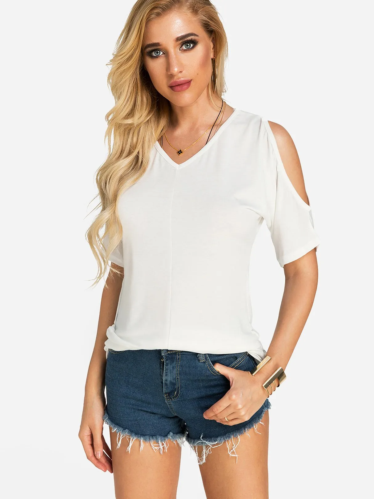 OEM ODM V-Neck Cold Shoulder Plain Pleated Half Sleeve White T-Shirts