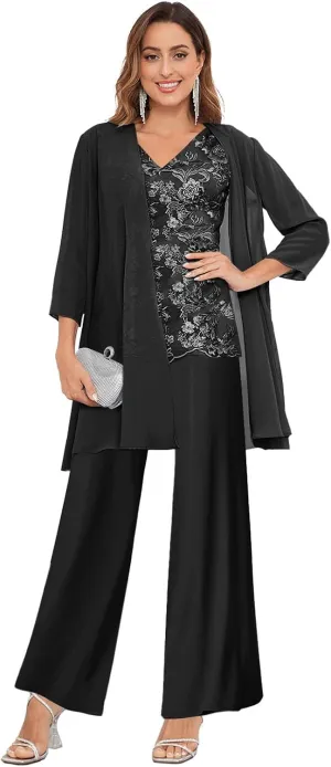 OFEECHUN 3 Pieces Mother of The Bride Pant Suits for Wedding 3/4 Sleeve Chiffon Lace Formal Pants Outfit with Jacket