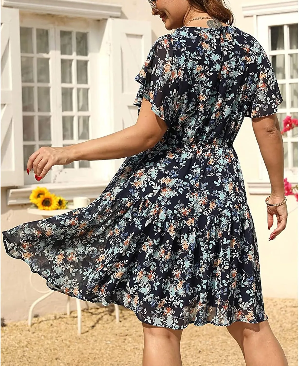 Plus Size Women's Boho Swing Dress Short Ruffle Sleeve Scoop Neck Floral Casual Dress Pleated Loose Mini Sun Dresses