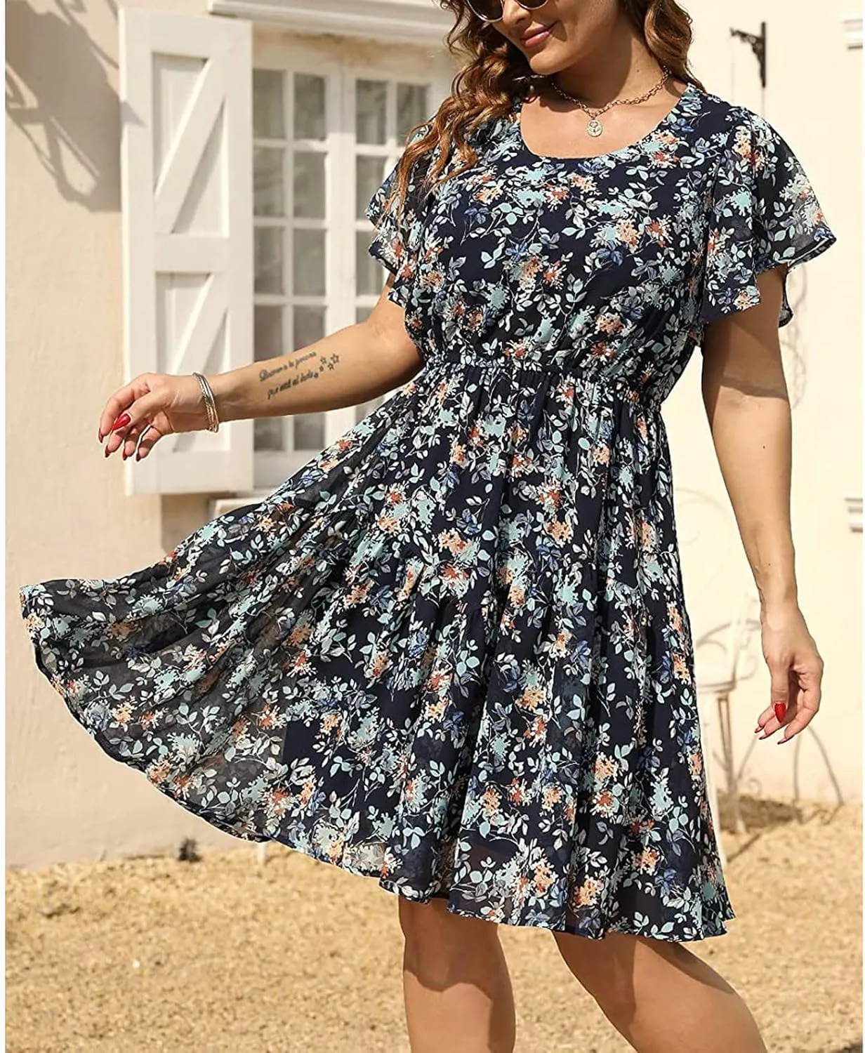 Plus Size Women's Boho Swing Dress Short Ruffle Sleeve Scoop Neck Floral Casual Dress Pleated Loose Mini Sun Dresses