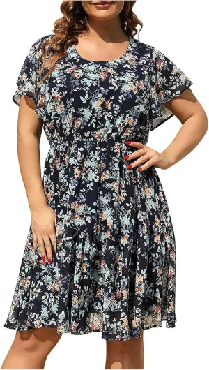 Plus Size Women's Boho Swing Dress Short Ruffle Sleeve Scoop Neck Floral Casual Dress Pleated Loose Mini Sun Dresses