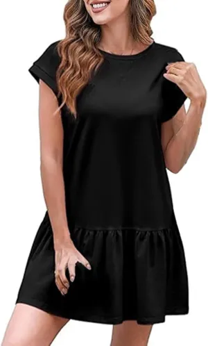 PTOLOCIF Mini Dress for Women 20525 Casual Summer Crewneck T Shirt Dress Plain Short Sleeve Ruffle Hem Loose Mini Dresses