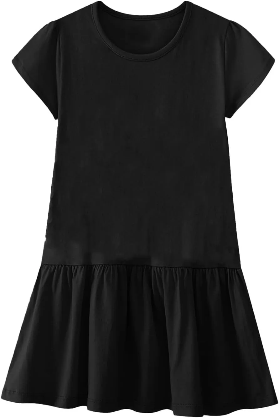 PTOLOCIF Mini Dress for Women 20525 Casual Summer Crewneck T Shirt Dress Plain Short Sleeve Ruffle Hem Loose Mini Dresses