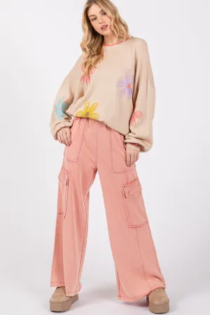 SAGE   FIG Rose Pink Mineral Washed Terry Knit Wide Leg Pants