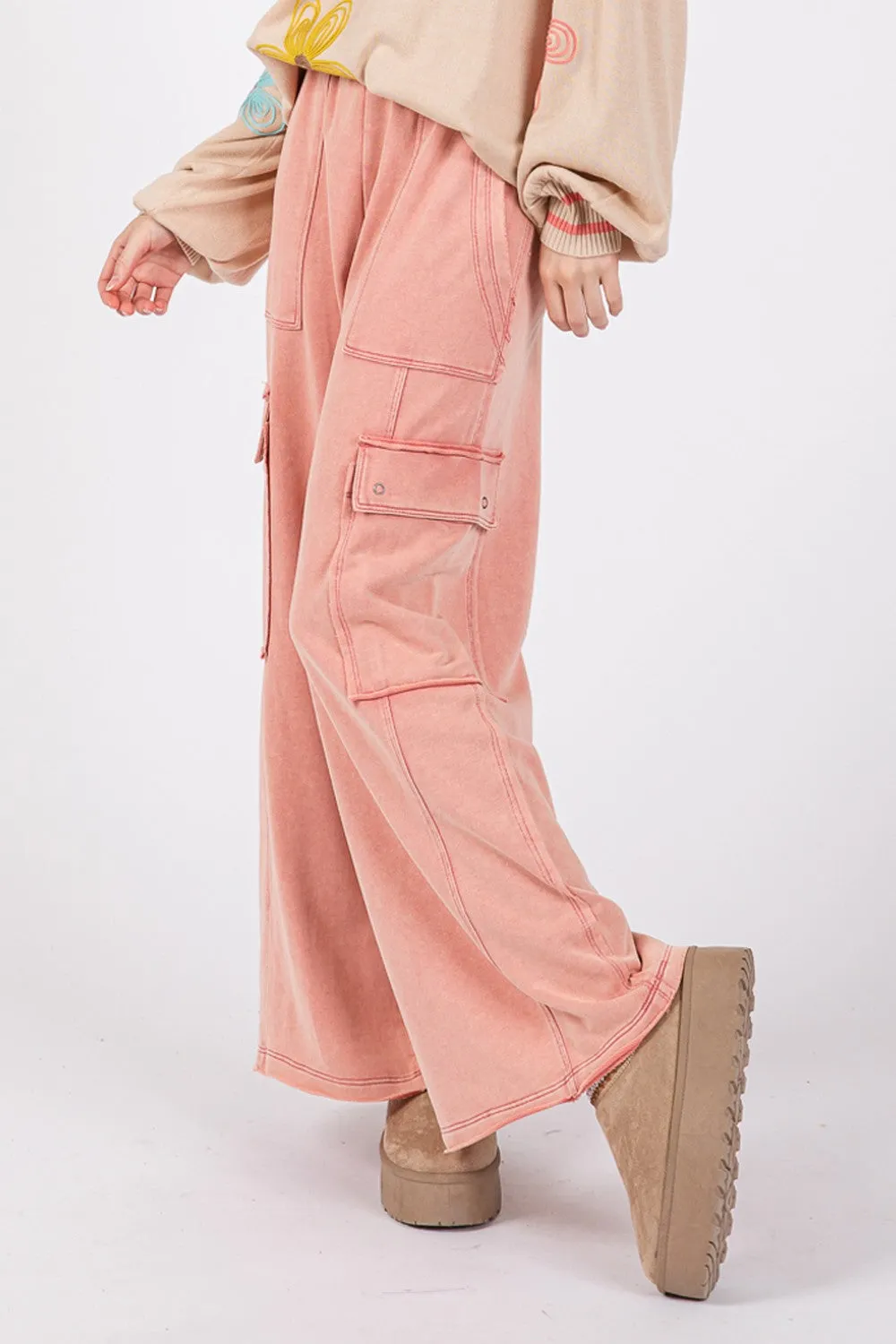 SAGE   FIG Rose Pink Mineral Washed Terry Knit Wide Leg Pants