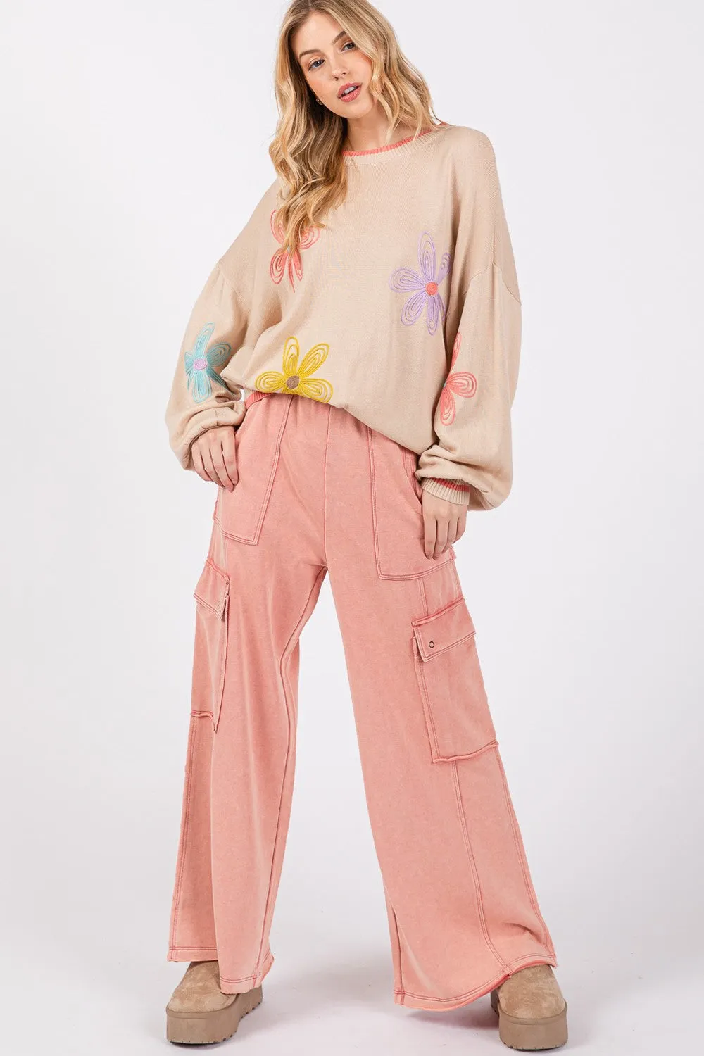 SAGE   FIG Rose Pink Mineral Washed Terry Knit Wide Leg Pants