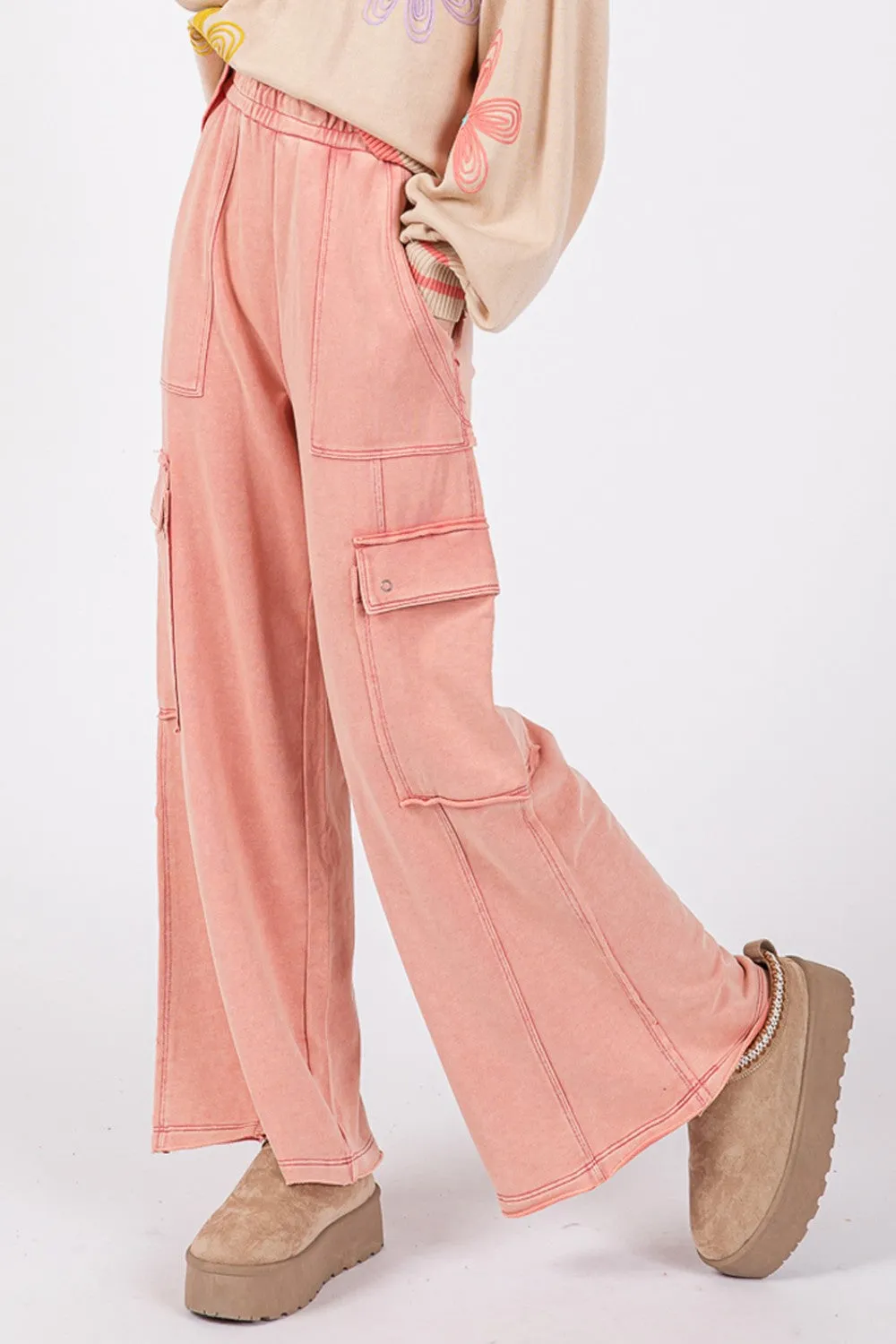 SAGE   FIG Rose Pink Mineral Washed Terry Knit Wide Leg Pants