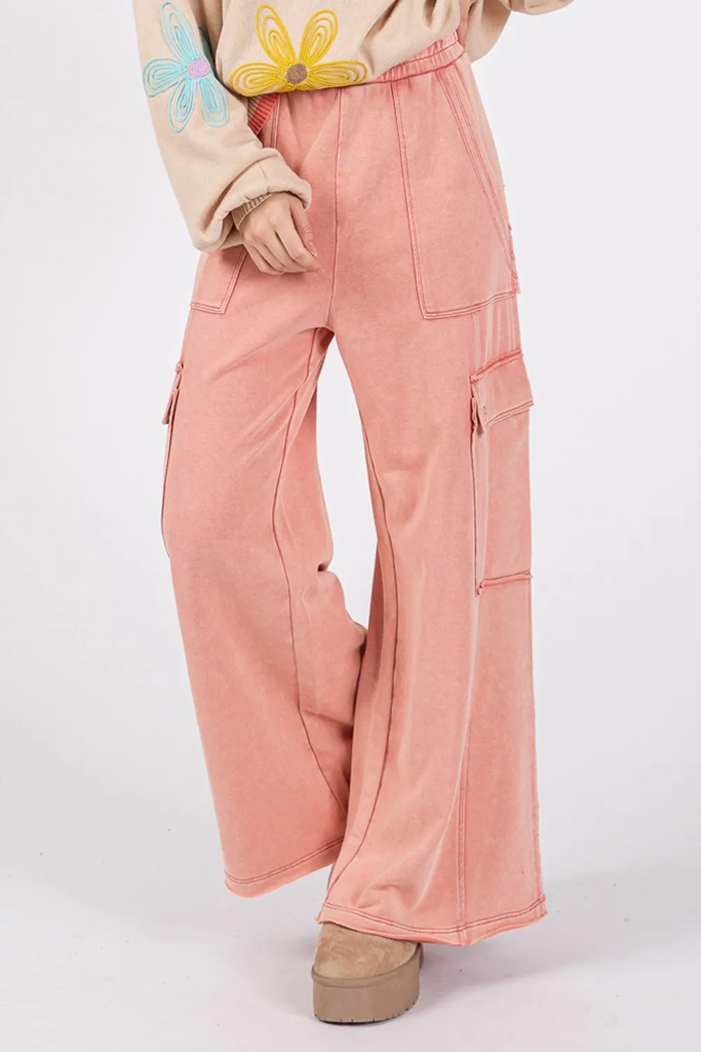 SAGE   FIG Rose Pink Mineral Washed Terry Knit Wide Leg Pants