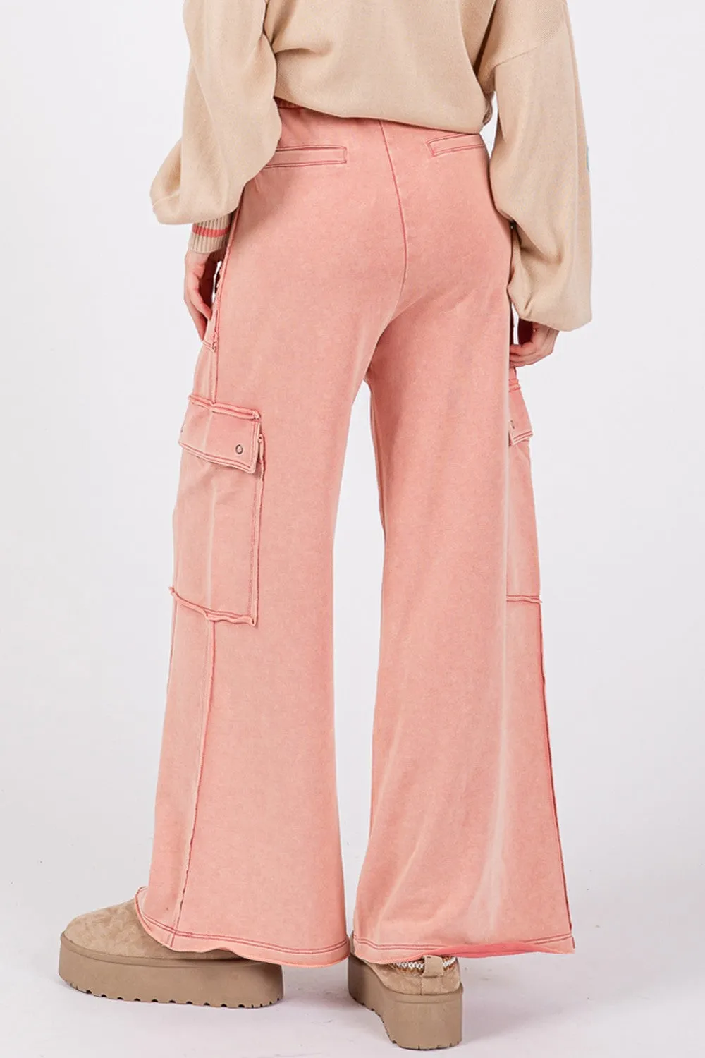 SAGE   FIG Rose Pink Mineral Washed Terry Knit Wide Leg Pants
