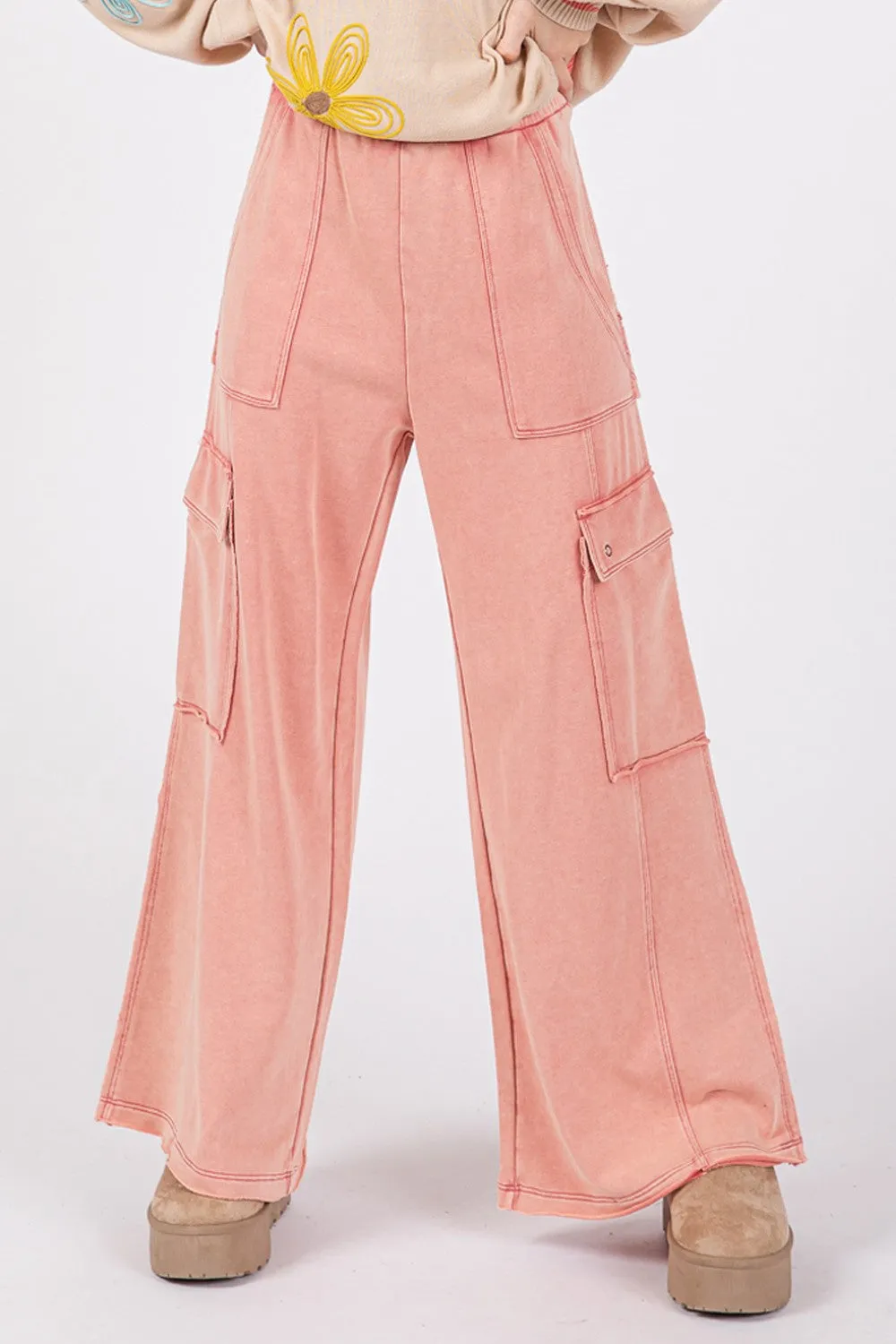 SAGE   FIG Rose Pink Mineral Washed Terry Knit Wide Leg Pants
