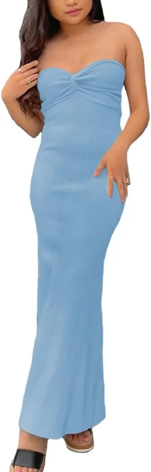 Sdencin Women Sexy Twist Knot Front Ribbed Knit Bodycon Bandeau Tube Dress Casual Solid Strapless Maxi Long Dress