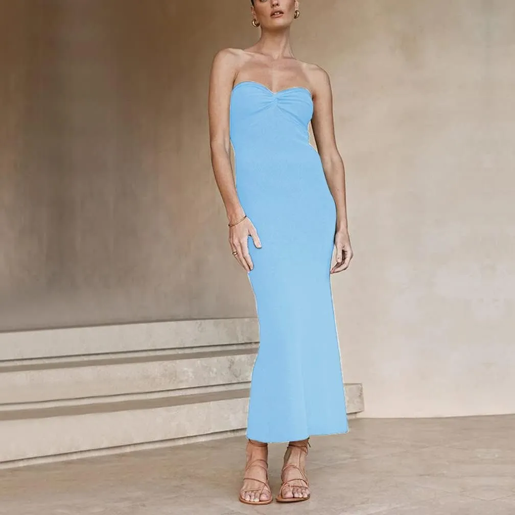 Sdencin Women Sexy Twist Knot Front Ribbed Knit Bodycon Bandeau Tube Dress Casual Solid Strapless Maxi Long Dress