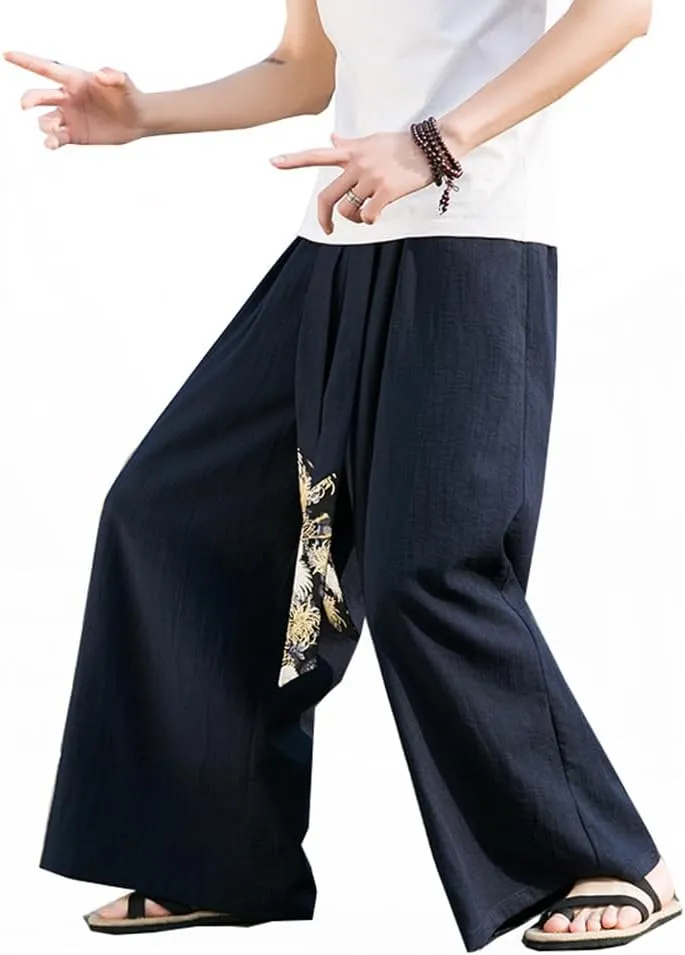 Seidarise Men's Wide Leg Casual Harem Linen Japanese Yoga Harem Pants Hip hop Joggers Baggy Navy
