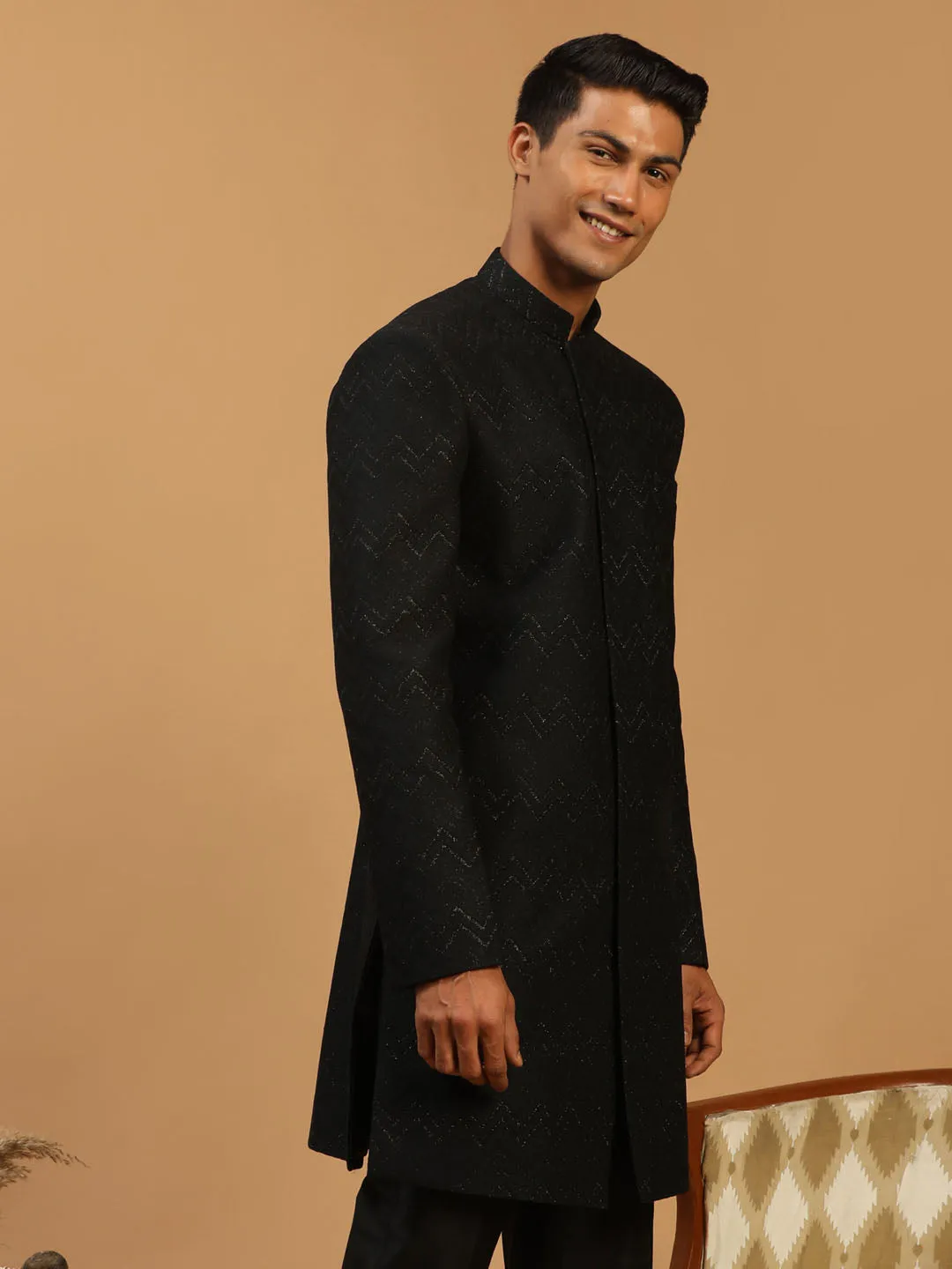 SHRESTHA By VASTRAMAY Men's Black Glitter Indo Western Sherwani Only Top