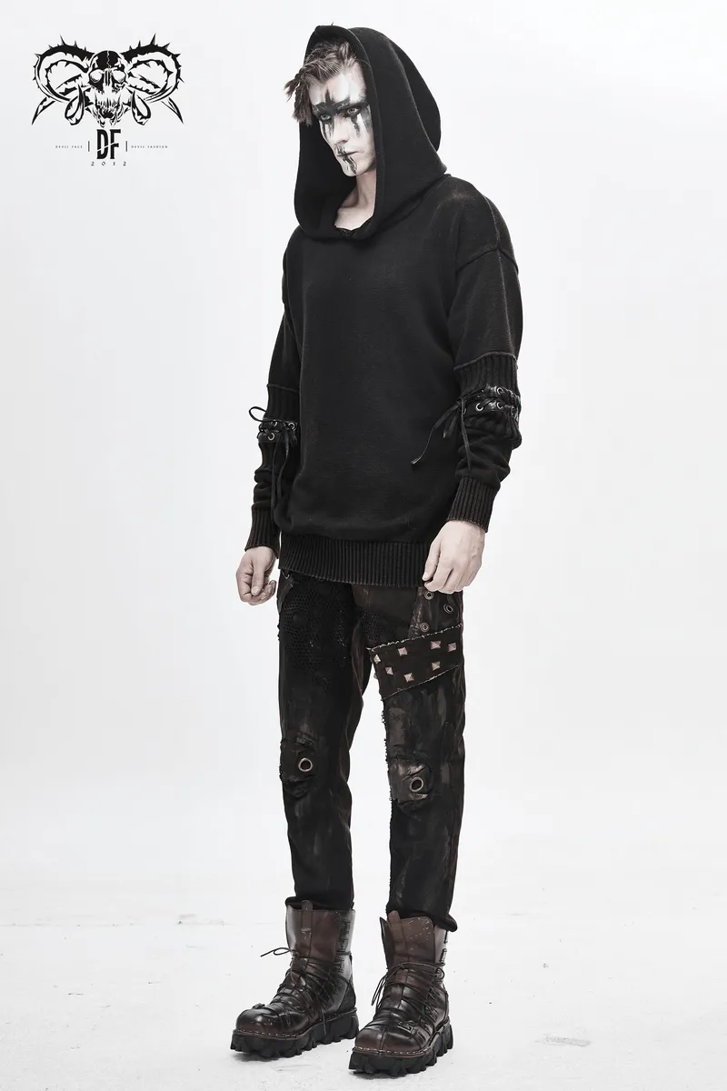 Steampunk Long Sleeves Hooded Sweater / Men's Loose Hoodie with Lace up on Sleeves