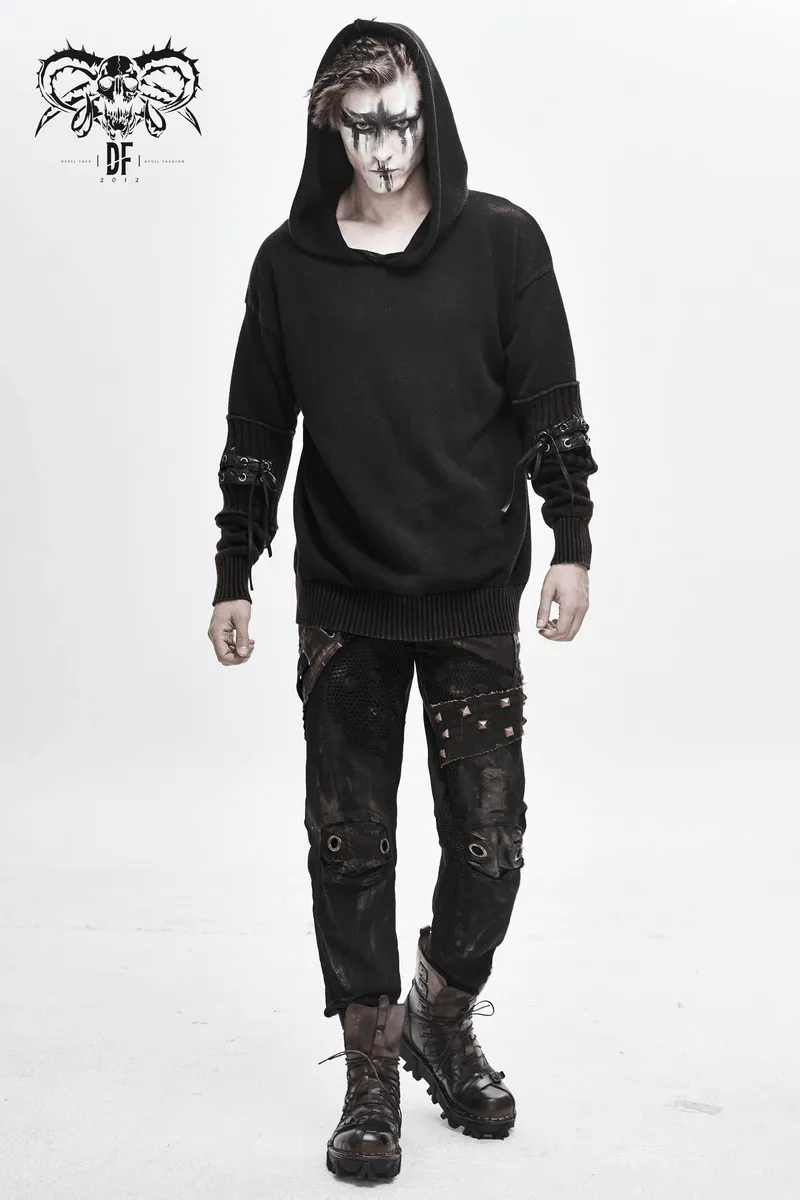 Steampunk Long Sleeves Hooded Sweater / Men's Loose Hoodie with Lace up on Sleeves