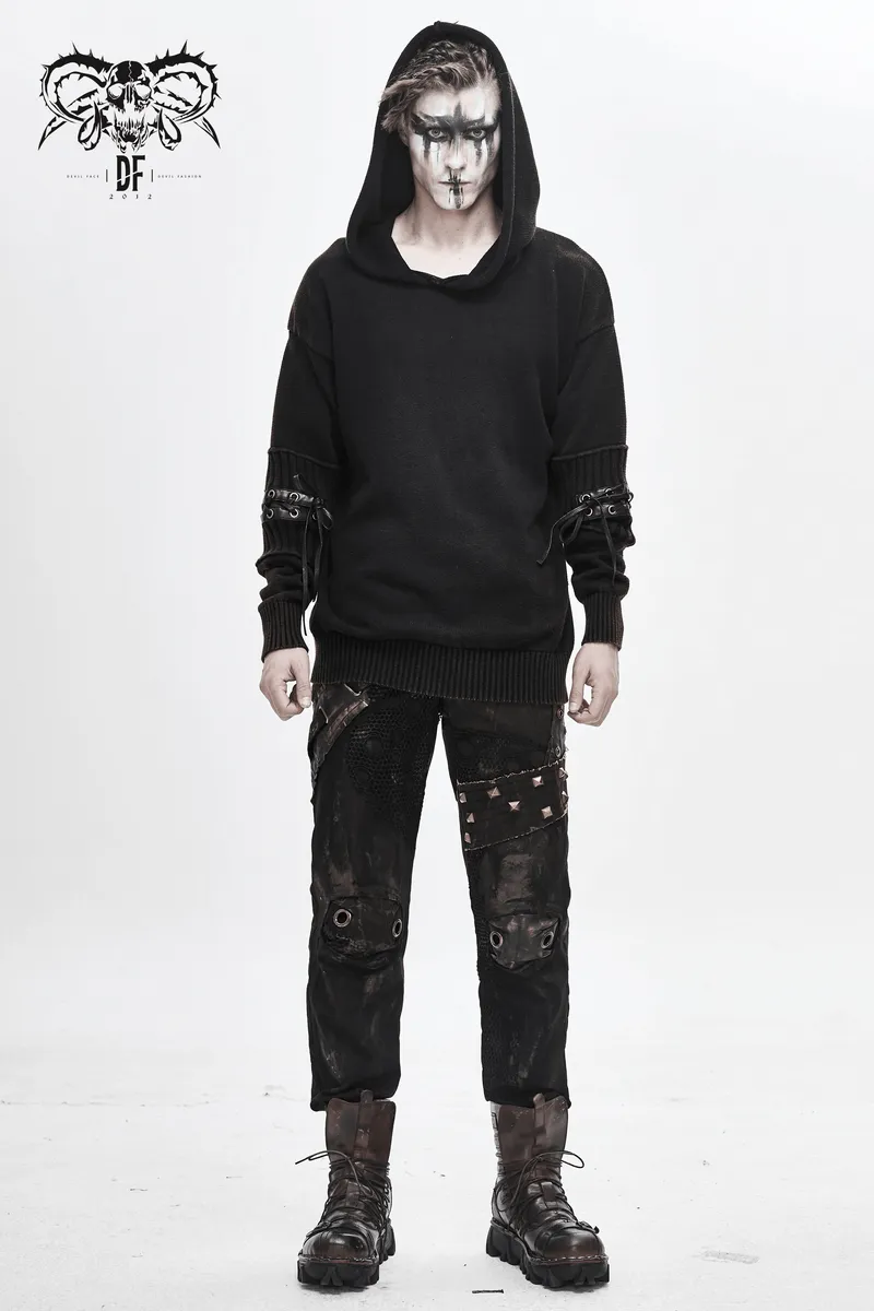 Steampunk Long Sleeves Hooded Sweater / Men's Loose Hoodie with Lace up on Sleeves