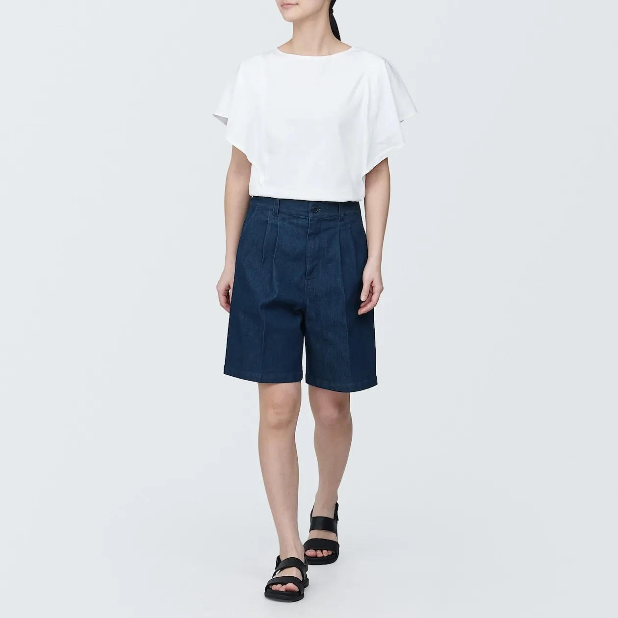 Stretch Denim Pleated Bermuda Shorts