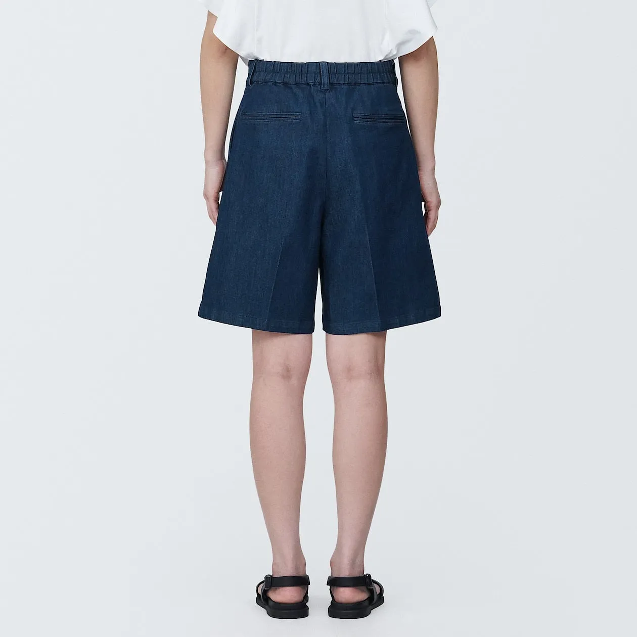 Stretch Denim Pleated Bermuda Shorts