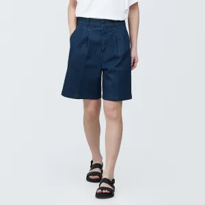Stretch Denim Pleated Bermuda Shorts