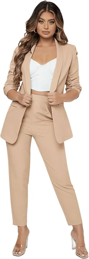 SweatyRocks Women's 2 Piece Solid Ruched Sleeve Blazer and Pants Business Office Suit Set