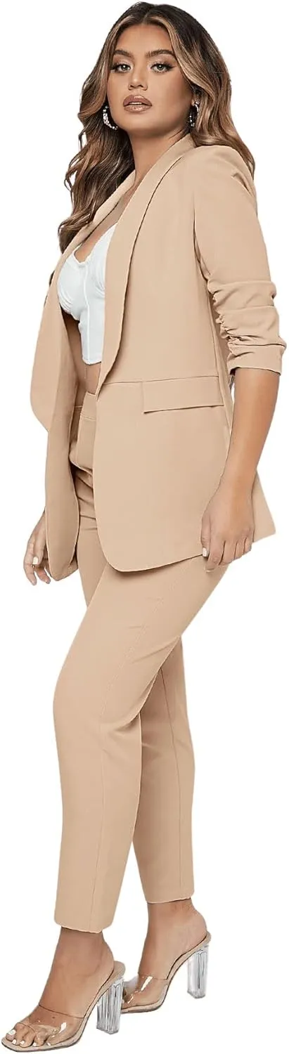 SweatyRocks Women's 2 Piece Solid Ruched Sleeve Blazer and Pants Business Office Suit Set