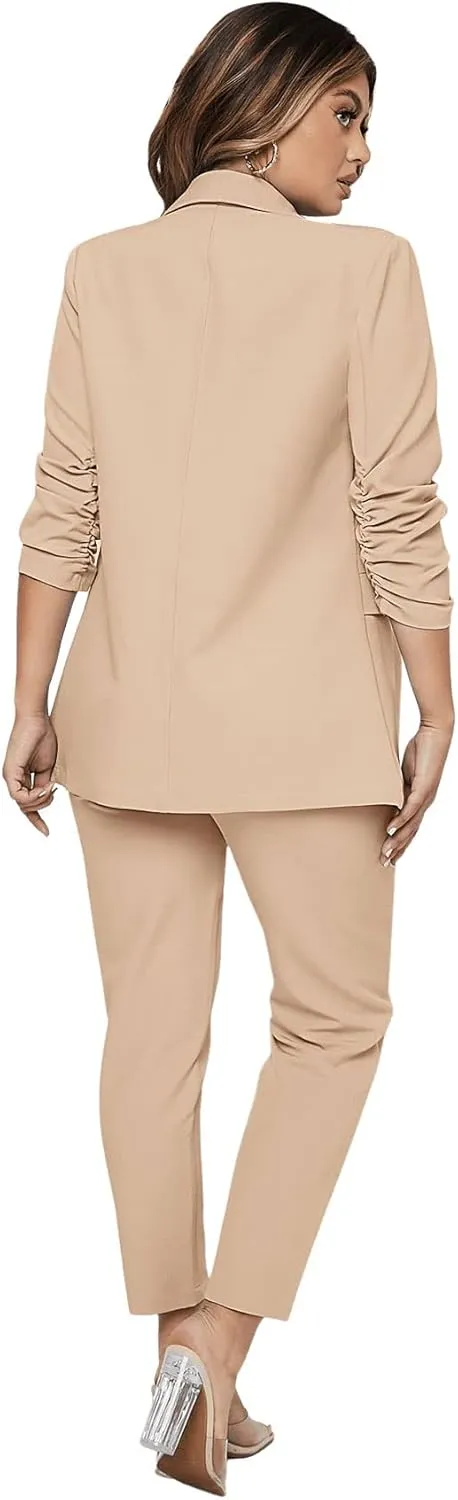 SweatyRocks Women's 2 Piece Solid Ruched Sleeve Blazer and Pants Business Office Suit Set