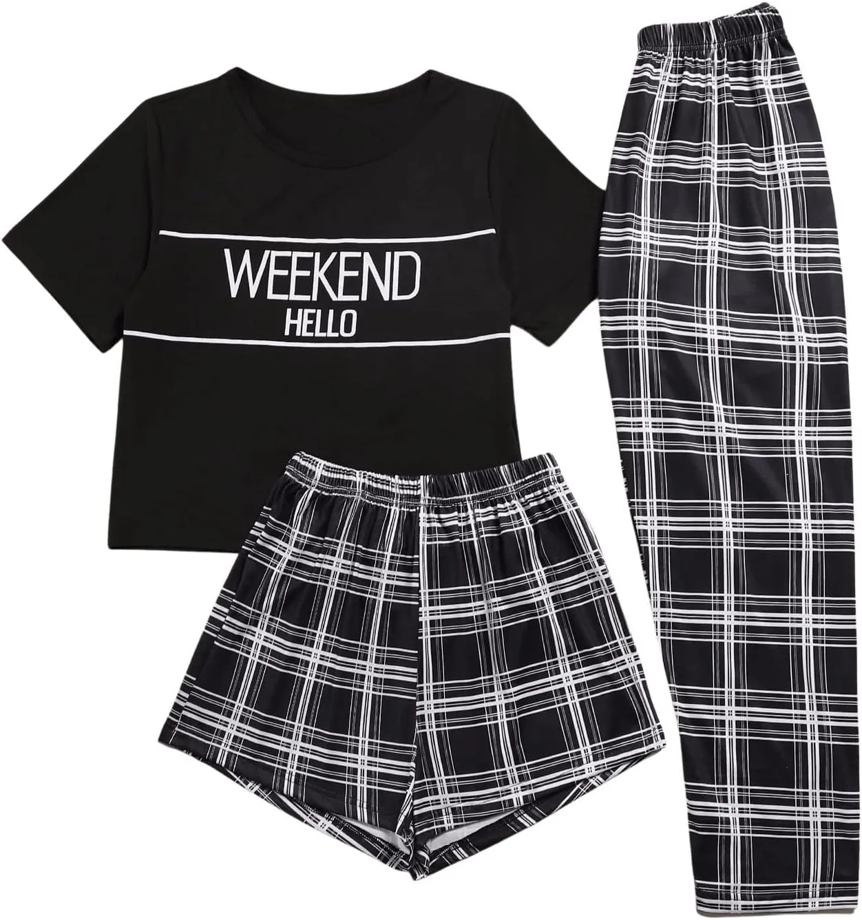 SweatyRocks Women's 3 Piece Plaid Pajama Letter Print Short Sleeve Tee and Shorts Pants Set