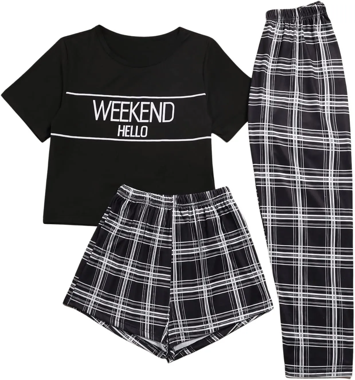 SweatyRocks Women's 3 Piece Plaid Pajama Letter Print Short Sleeve Tee and Shorts Pants Set