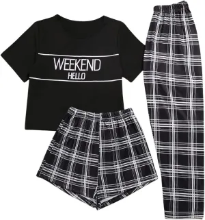 SweatyRocks Women's 3 Piece Plaid Pajama Letter Print Short Sleeve Tee and Shorts Pants Set