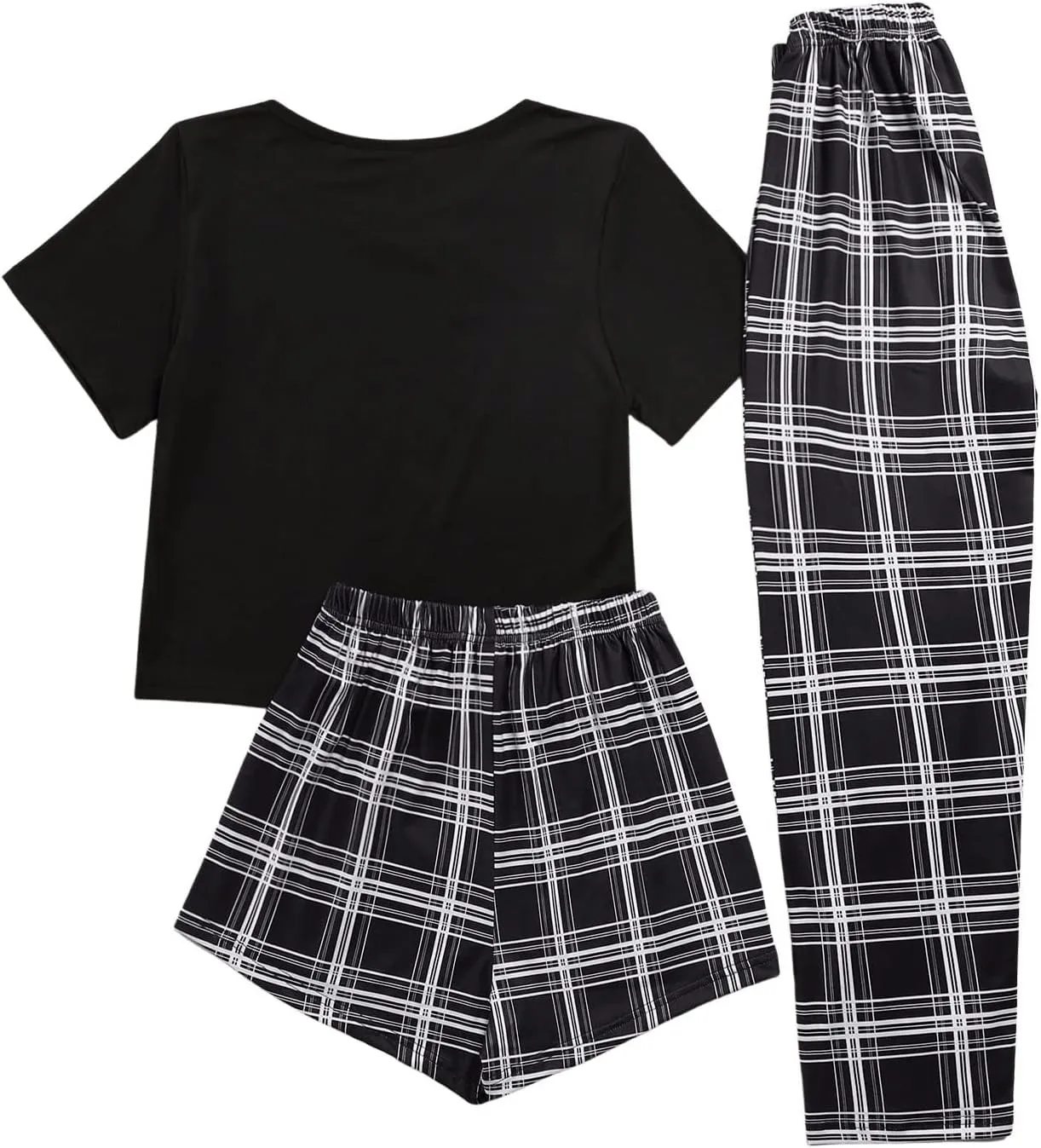 SweatyRocks Women's 3 Piece Plaid Pajama Letter Print Short Sleeve Tee and Shorts Pants Set