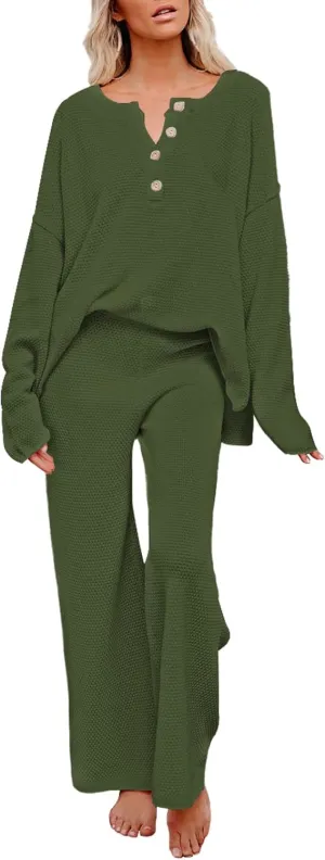 Viottiset Women's 2 Piece Outfits Sweatsuit Knit Long Sleeve Sweater Wide Leg Pants Loungewear