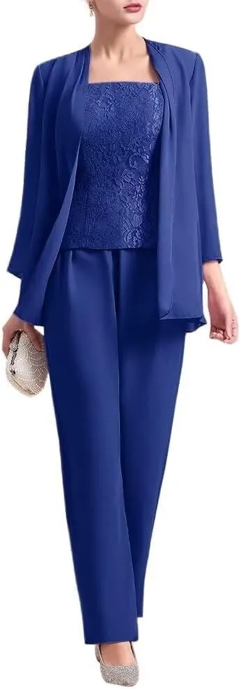 VK Selec 3 Pcs Mother of The Bride Pant Suit for Wedding 3/4 Sleeves Lace Formal Pants Outfit with Jacket