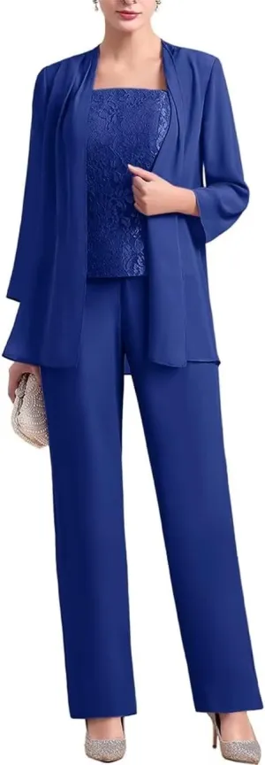 VK Selec 3 Pcs Mother of The Bride Pant Suit for Wedding 3/4 Sleeves Lace Formal Pants Outfit with Jacket