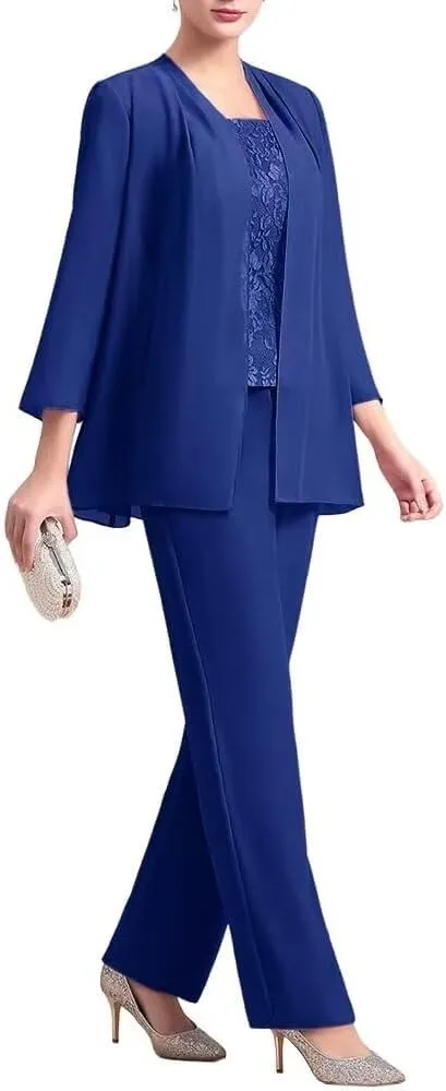 VK Selec 3 Pcs Mother of The Bride Pant Suit for Wedding 3/4 Sleeves Lace Formal Pants Outfit with Jacket