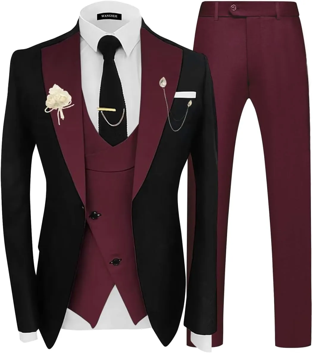 Wangyue 3 Piece Mens Tuxedo Suit Slim Fit Tuxedo for Men Double Breasted Wedding Prom Suits Blazer Vest Pants Sets 2025