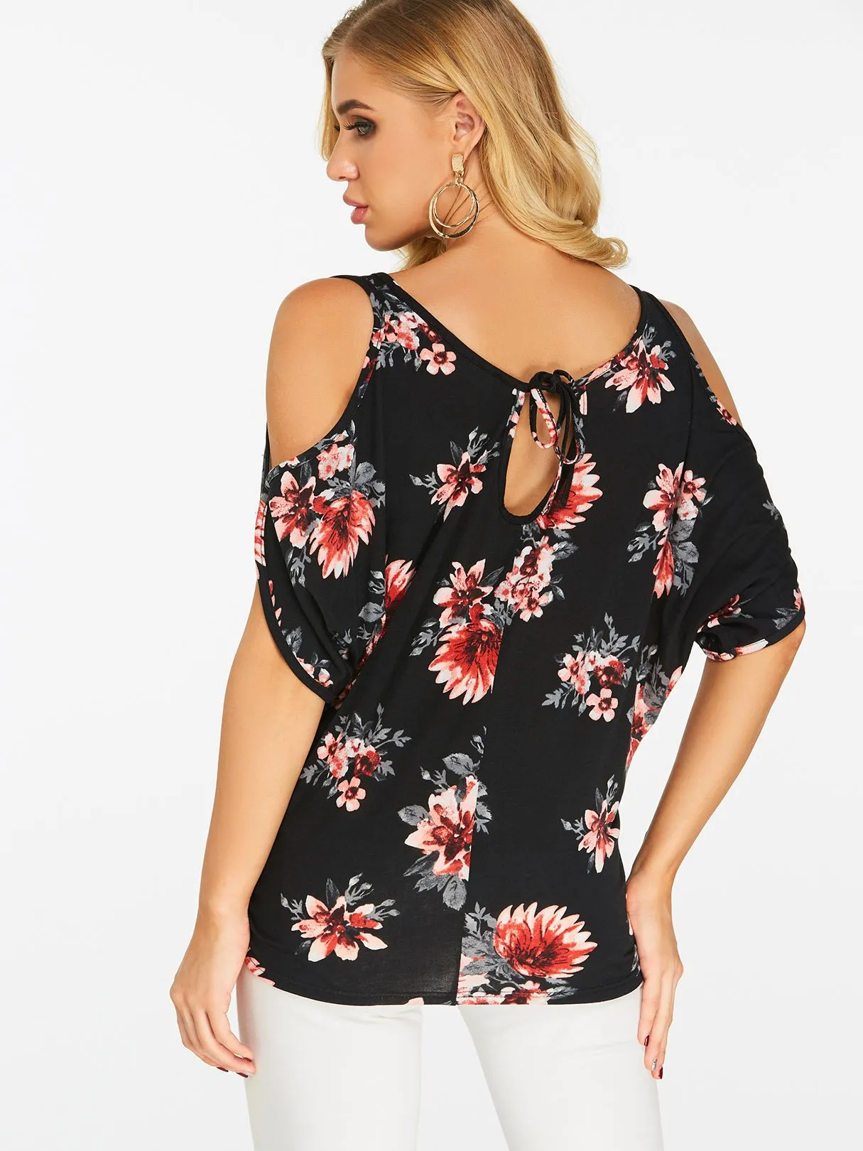 Wholesale Black Scoop Neck Cold Shoulder Cut Out Tie-Up Short Sleeve T-Shirts