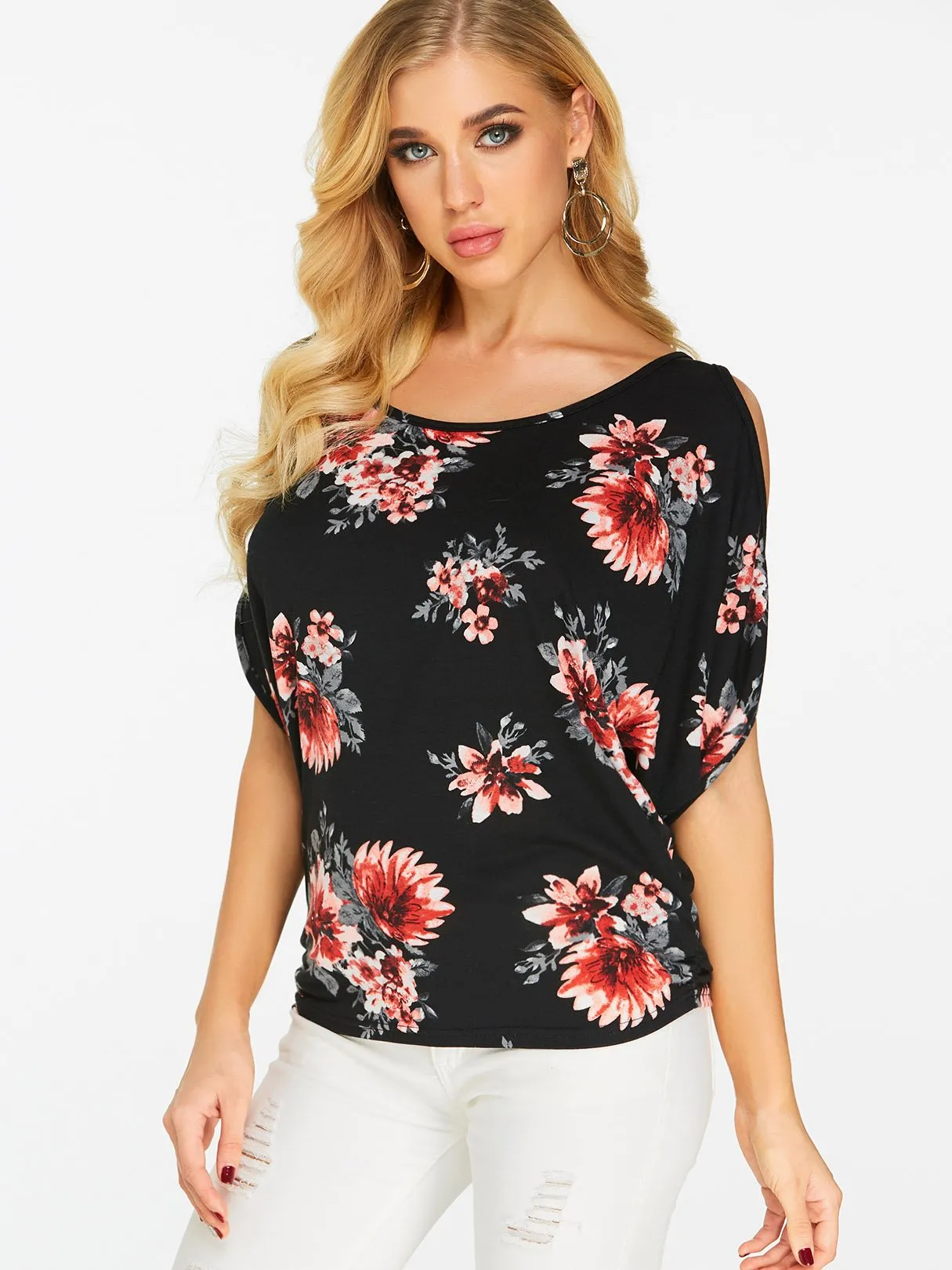 Wholesale Black Scoop Neck Cold Shoulder Cut Out Tie-Up Short Sleeve T-Shirts