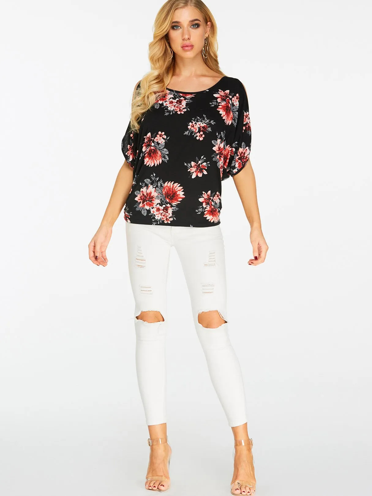Wholesale Black Scoop Neck Cold Shoulder Cut Out Tie-Up Short Sleeve T-Shirts